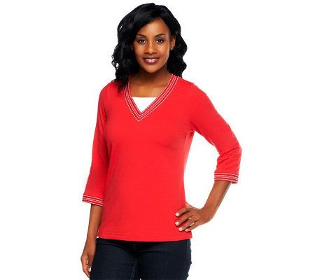 Denim & Co. 3/4 Sleeve V-neck Duet Stretch Top w/ Contrast Stitch - A96367