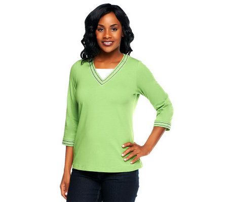 Denim & Co. 3/4 Sleeve V-neck Duet Stretch Top w/ Contrast Stitch - A96367