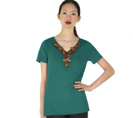 LOGO by Lori Goldstein Short Sleeve Tee with Embellishment - A97767