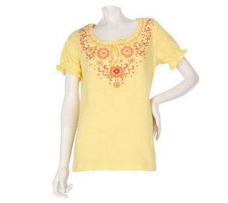 Denim & Co. Short Sleeve Peasant Top w/ Embroidery Neckline Detail - A198568