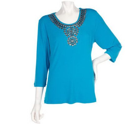 Susan Graver Liquid Knit 3/4 Sleeve Top with Metallic Embellishments - A200668