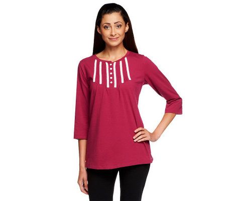 Denim & Co. 3/4 Sleeve Knit Henley w/ Lace Trim and Pintuck Detail - A212968