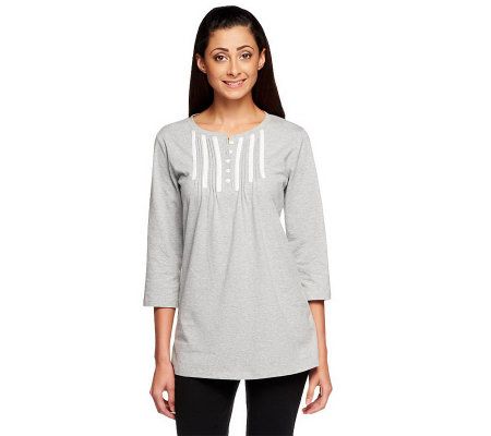 Denim & Co. 3/4 Sleeve Knit Henley w/ Lace Trim and Pintuck Detail - A212968