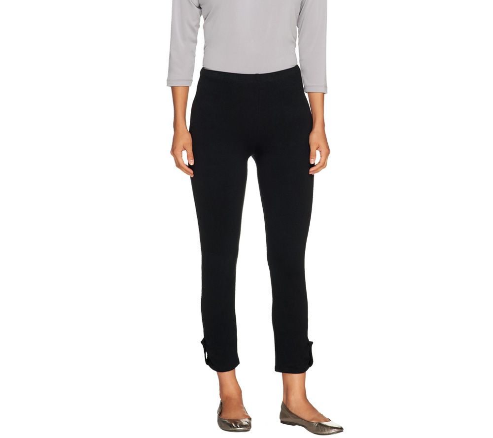 Susan Graver Stretch Cotton Leggings with Gold Button Tab Detail - A213368