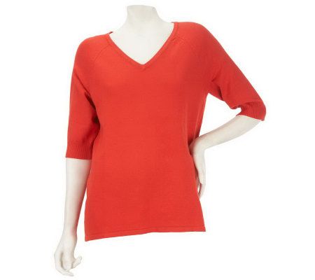 Susan Graver Sweater Knit V-neck with 3/4 Raglan Sleeves - A224868