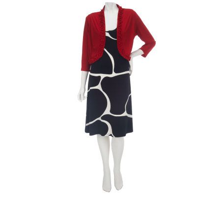 Nina Leonard Printed Matte Jersey Dress with Ruffle Shrug - A226068