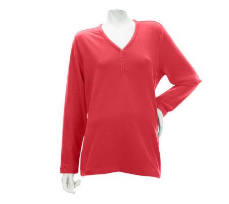 Denim & Co. Long Sleeve Fleece Henley with Faux Pearl Buttons - A226768