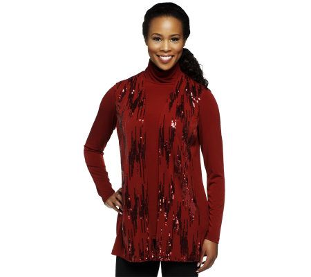 Bob Mackies Mock Neck Long Sleeve Knit Top and Sequin Vest Set - A229268