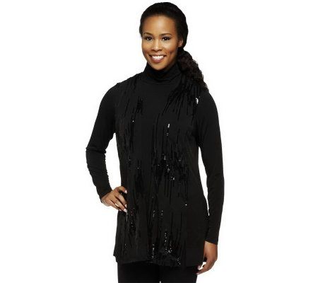 Bob Mackies Mock Neck Long Sleeve Knit Top and Sequin Vest Set - A229268