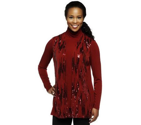 Bob Mackies Mock Neck Long Sleeve Knit Top and Sequin Vest Set - A229268