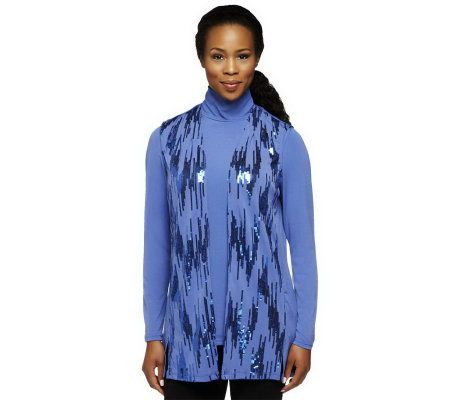 Bob Mackies Mock Neck Long Sleeve Knit Top and Sequin Vest Set - A229268