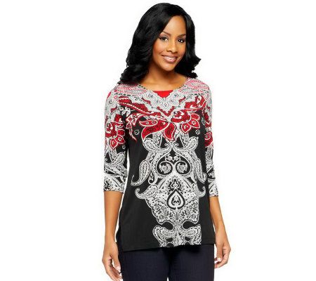 Susan Graver Liquid Knit Placement Print Tunic with 3/4 Sleeves - A229768