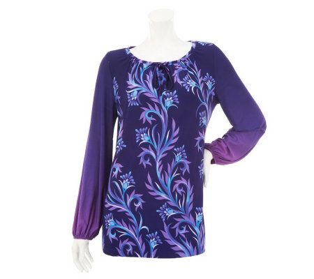Bob Mackies Floral Print & Solid Sleeve Tunic with Drawstring Neck - A232568