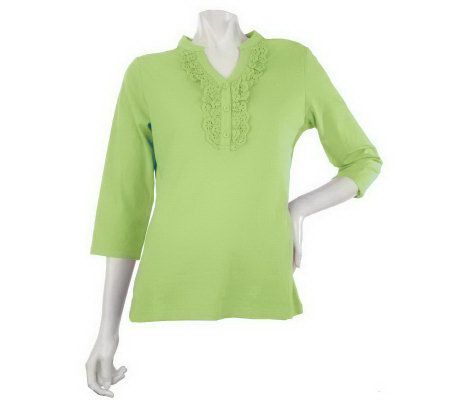As Is Denim & Co. 3/4 Sleeve Henley with Ruffle Eyelet Trim - A237168