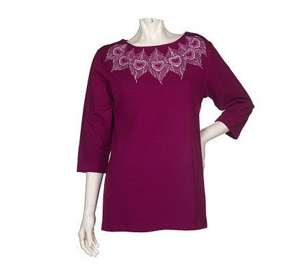 Bob Mackies Embroidered Peacock Feather T-shirt - A92168