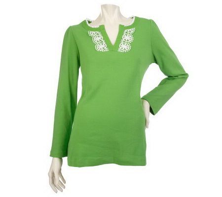 Denim & Co. Long Sleeve V-Slit Tunic with Lace and Woven Trim - A97468