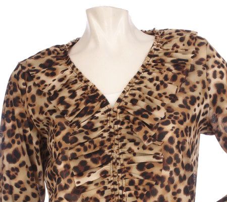 Susan Graver Printed Mesh Ruffled Cardigan w/Hook & Eye Closures