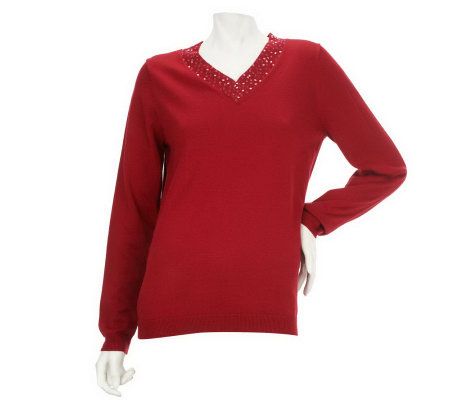 Denim & Co. V-Neck Sweater with Sequin Trim - A226769