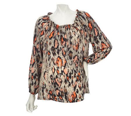 Belle Gray by Lisa Rinna Animal Print Blouse with Smocking Detail - A227369