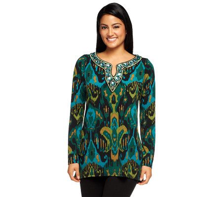 Bob Mackies Ikat Print Blouse with Jeweled Neckline - A229269
