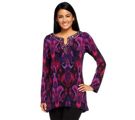 Bob Mackies Ikat Print Blouse with Jeweled Neckline - A229269
