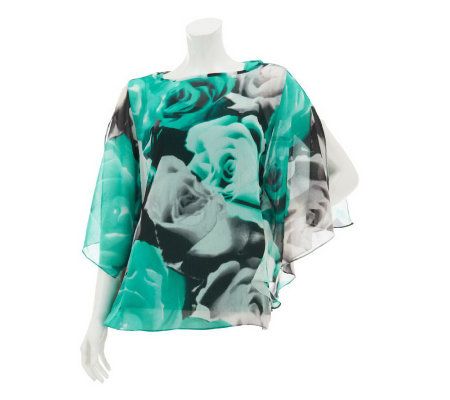 Susan Graver Printed Yoryu Chiffon Split Sleeve Scarf Top with Tank - A231969