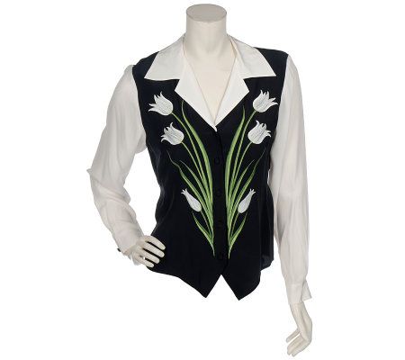 Bob Mackies Silk Floral Embroidered Weskit Blouse - A59269