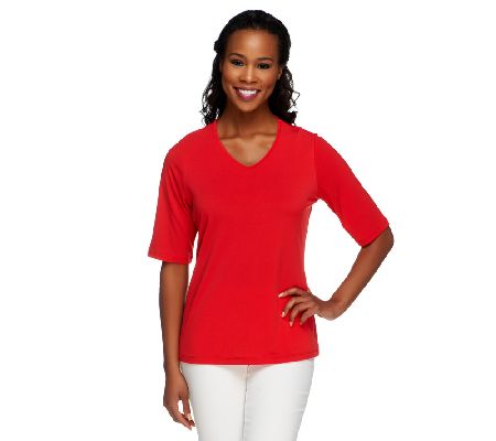 Susan Graver Essentials Liquid Knit Elbow Sleeve V-neck Top - A198670