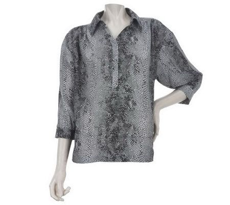 Motto Python Print 3/4 Sleeve Button Front Collared Top - A222270