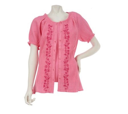 Denim & Co. Button Down Gauze Shirt w/ Embroidery and Tank - A224070