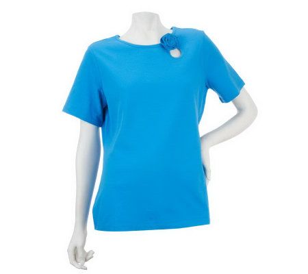 Denim & Co. Short Sleeve Top with Key Hole Flower Accent - A224870