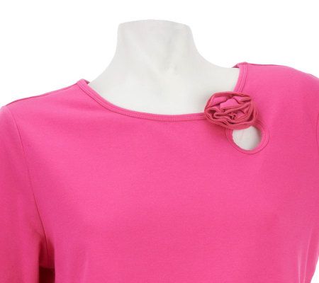 Denim & Co. Short Sleeve Top with Key Hole Flower Accent