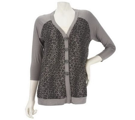 LOGO by Lori Goldstein Knit Cardigan w/ Animal Print Chiffon Detail - A227070