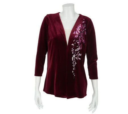 Bob Mackies Floral Sequin 3/4 Sleeve Velvet Cardigan - A229270