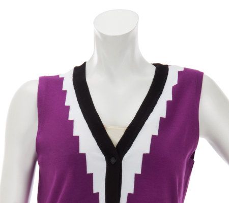 Bob Mackies V-Neck Button Front Knit Vest with Pocket Detail