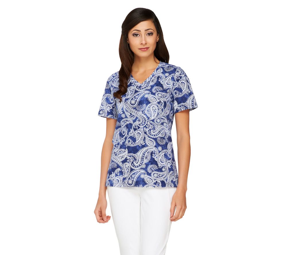 Denim & Co, Short Sleeve V-Neck Paisely Print Top - A231870