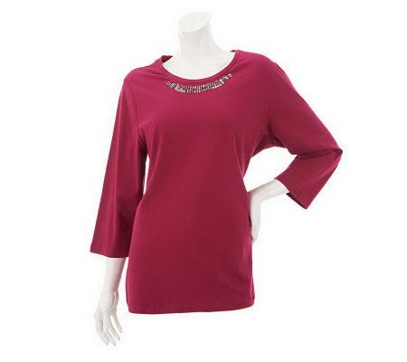 As Is Denim & Co. 3/4 Scoop Neck Tee with Sequin and Bead Design - A236770