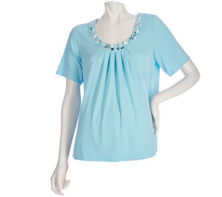 Susan Graver Liquid Knit Embellished U-Neck Top with Pleating - A200671