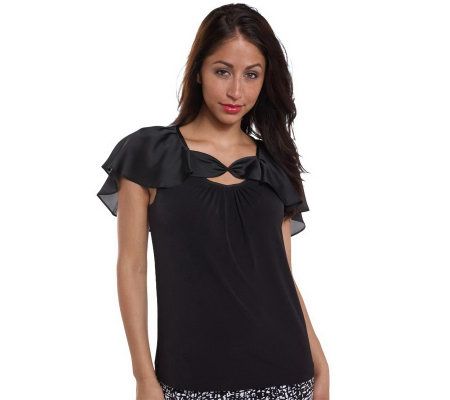 George Simonton Milky Knit Top with Charmeuse Ruffle - A201771