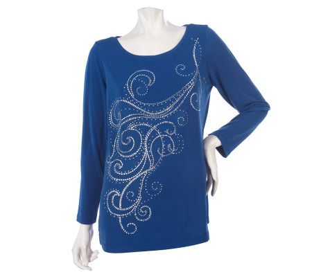 Susan Graver Liquid Knit Scoop Neck Long Sleeve Top with Beading - A211171