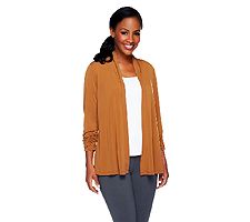 Susan Graver Liquid Knit Open Front Cardigan w/Ruched Sleeves