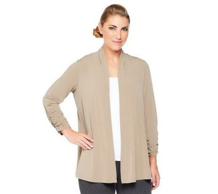 Susan Graver Liquid Knit Open Front Cardigan with Ruched Sleeves - A215971