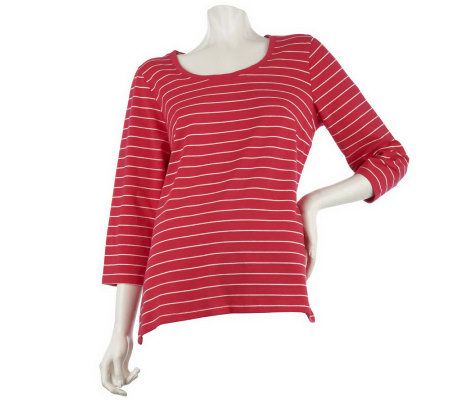 Susan Graver Cotton Modal 3/4 Sleeve Striped Top with Scoop Neck - A220471