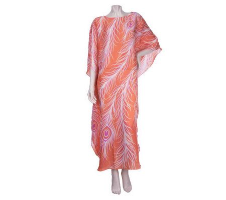 Bob Mackies Boat Neck Peacock Plume Printed Caftan - A223771