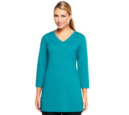 Susan Graver Ponte Knit V-neck 3/4 Sleeve Tunic - A225871