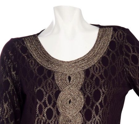 George Simonton Foil Printed Milky Knit Top with Braided Trim
