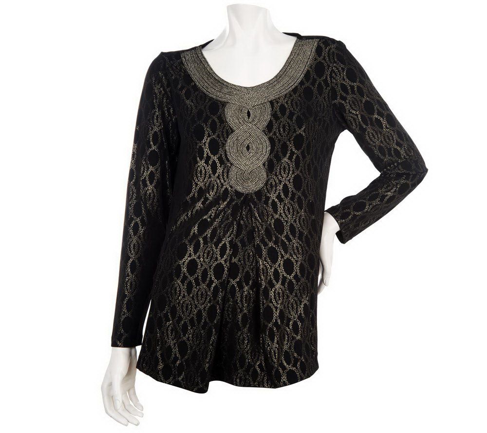 George Simonton Foil Printed Milky Knit Top with Braided Trim - A228571