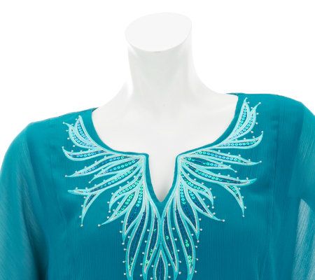 Bob Mackies Boat Neck Caftan Top with Sequin Detail