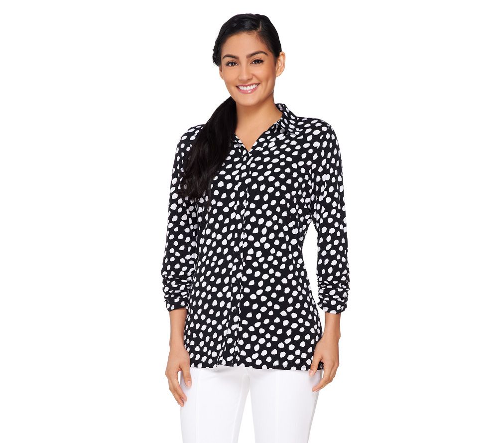 Susan Graver Printed Liquid Knit Top with Smocking Back Detail - A231771