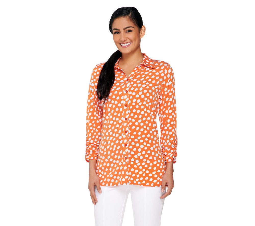 Susan Graver Printed Liquid Knit Top with Smocking Back Detail - A231771